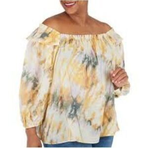 Zac and Rachel Women's Watercolor Print Ruffle 3/4 Sleeve Top Yellow Size 1X